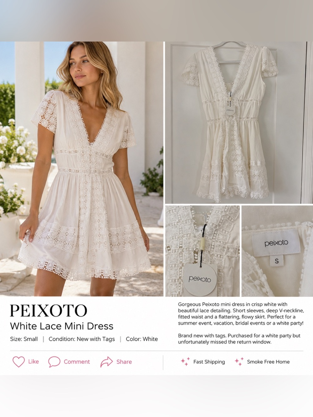 Peixoto NWT White lace mini Piper Dress